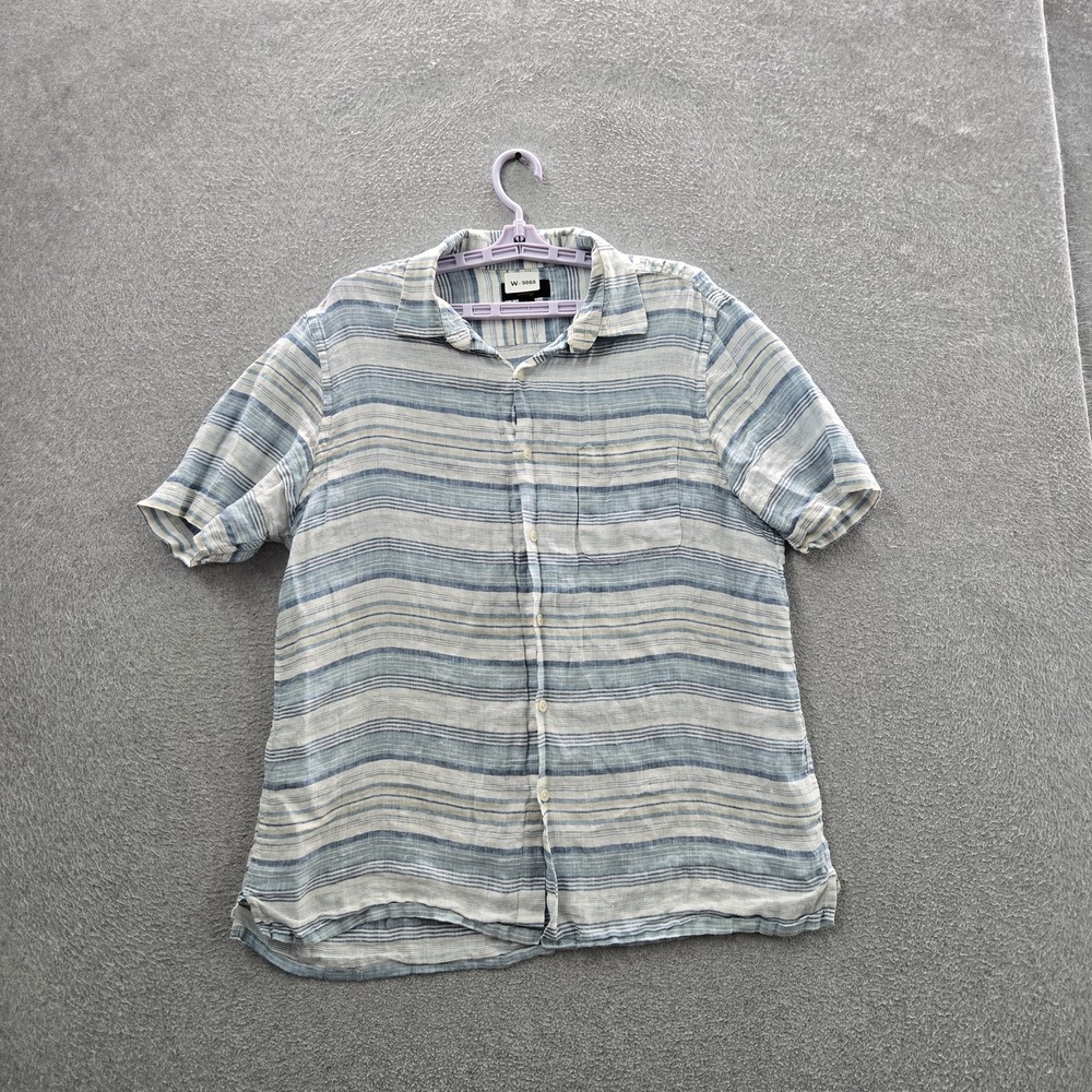 Club Room Men Button Up Shirt L Blue Linen‎ Striped Casual Shirt